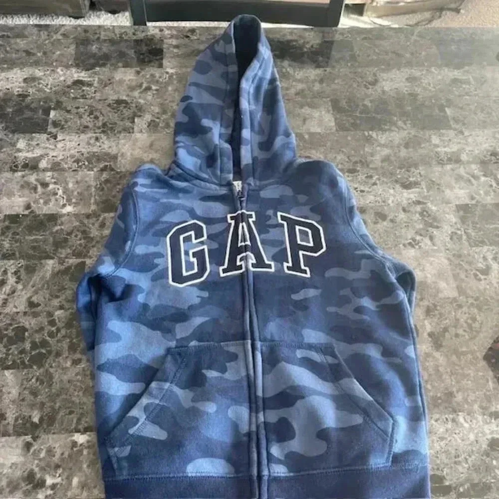 GAP Boys' Logo Hoodie Full Zip Sweatshirt (Size Small Youth) - Blue Camouflage